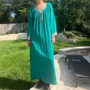 Vintage 60s 70s Young Edwardian Caftan Dress Size Large‎ Teal Off Shoulder Beach